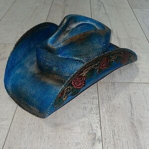Blue Western Hat with Rose Accents